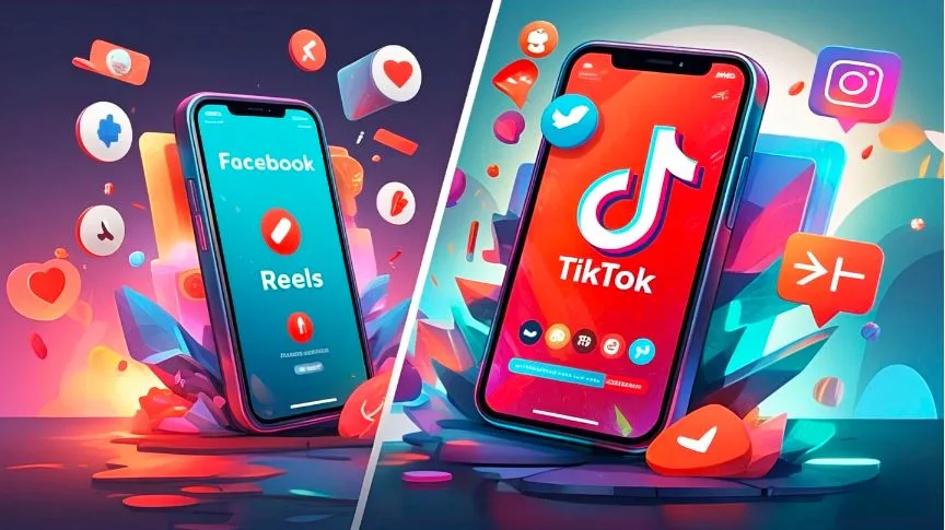 Facebook Reels vs TikTok: Smartphones displaying Facebook Reels and TikTok logos side by side, representing a comparison for content creators.
